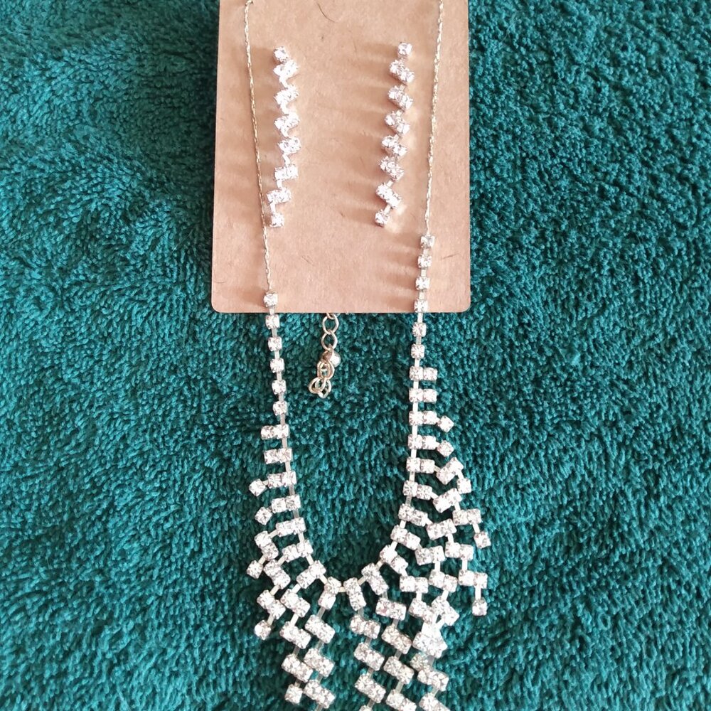 6/$20 Silver Tone Rhinestone Necklace and Earring Set